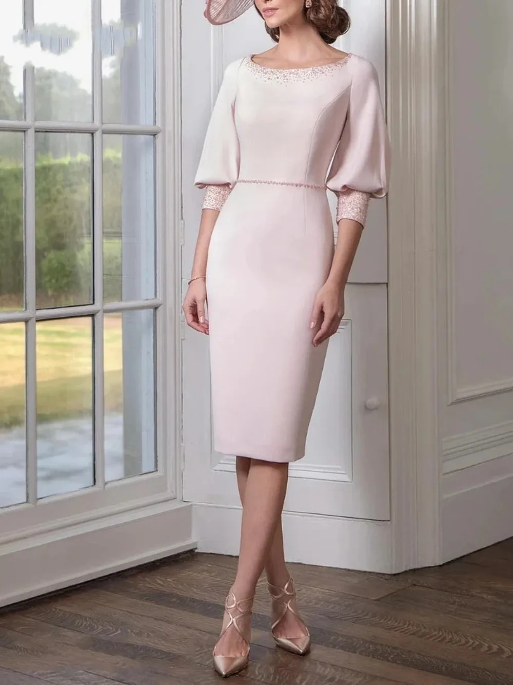 

Elegant Pink Sheath Mother of The Bride Dresses Scoop Half Sleeves Beads Satin Knee Length Wedding Guest Party Gowns