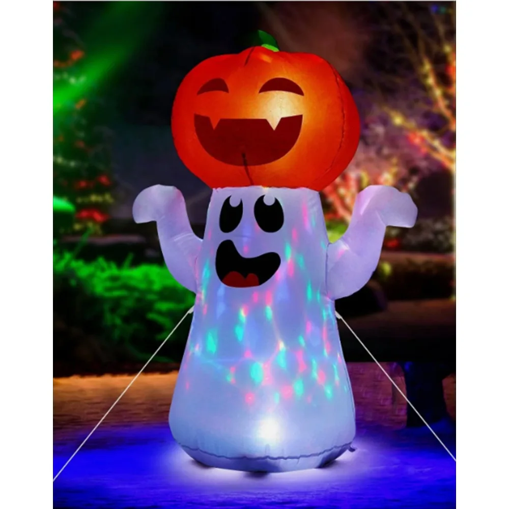Halloween Outdoor Inflatable Model Holiday Ornament 5FT Smiling Ghost Topped By Jack O Lantern LED Lights for Patio Home