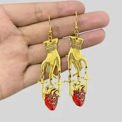 Vintage Blood Heart Pendant Earrings For Women Girls Gothic Vampire Cross Finger Ear Hooks Jewelry Accessories Gifts For Party