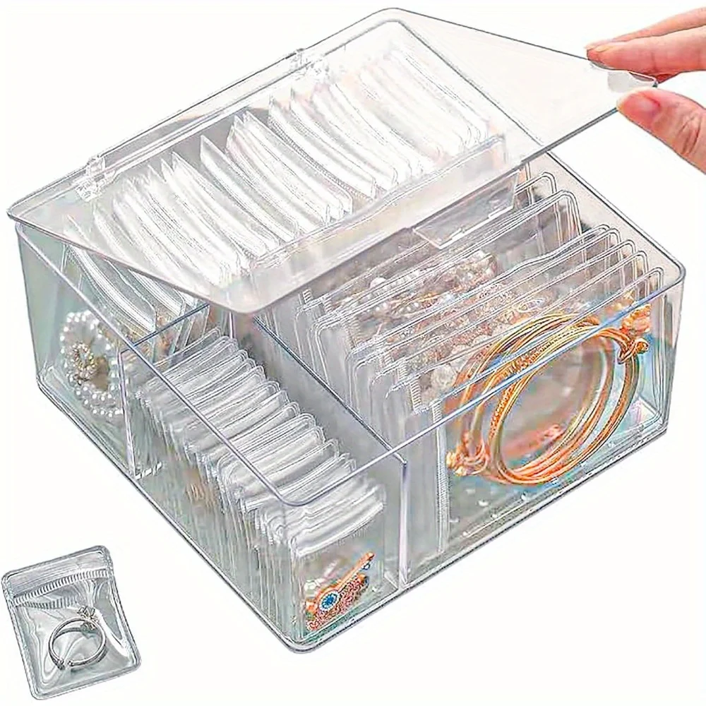 4-in-1 Acrylic Jewelry Organizers and Storage with 60 Portable Anti Tarnish Jewelry Bags, Clear Jewelry Box Travel Jewelry Case