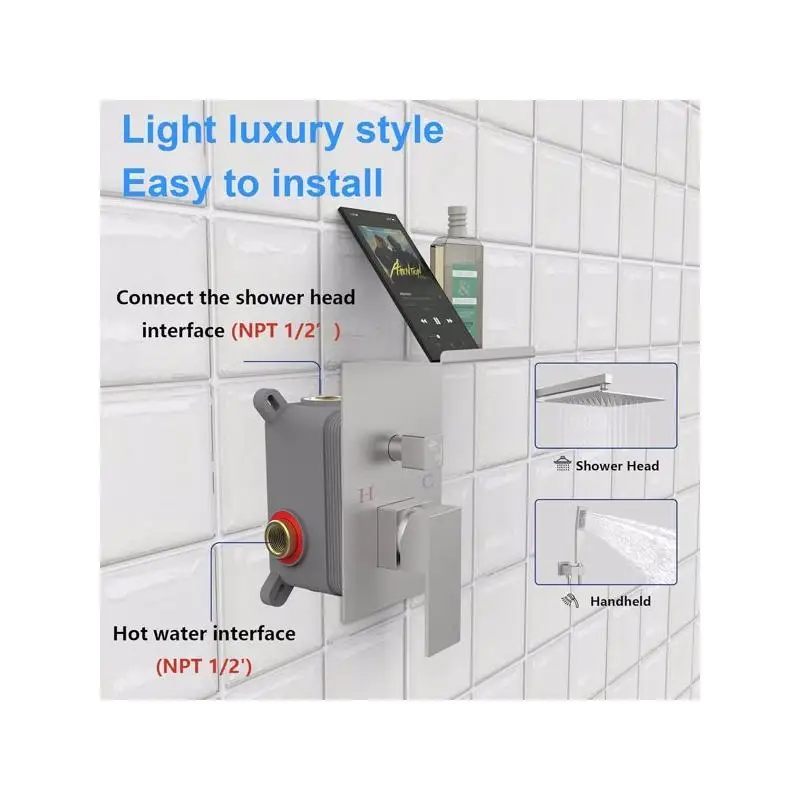 نظام دش مطري فاخر مع رف تخزين، مجموعة صنبور دش عالي الضغط باللون الأسود غير اللامع مقاس 10 بوصات، رأس دش مربع، جدار