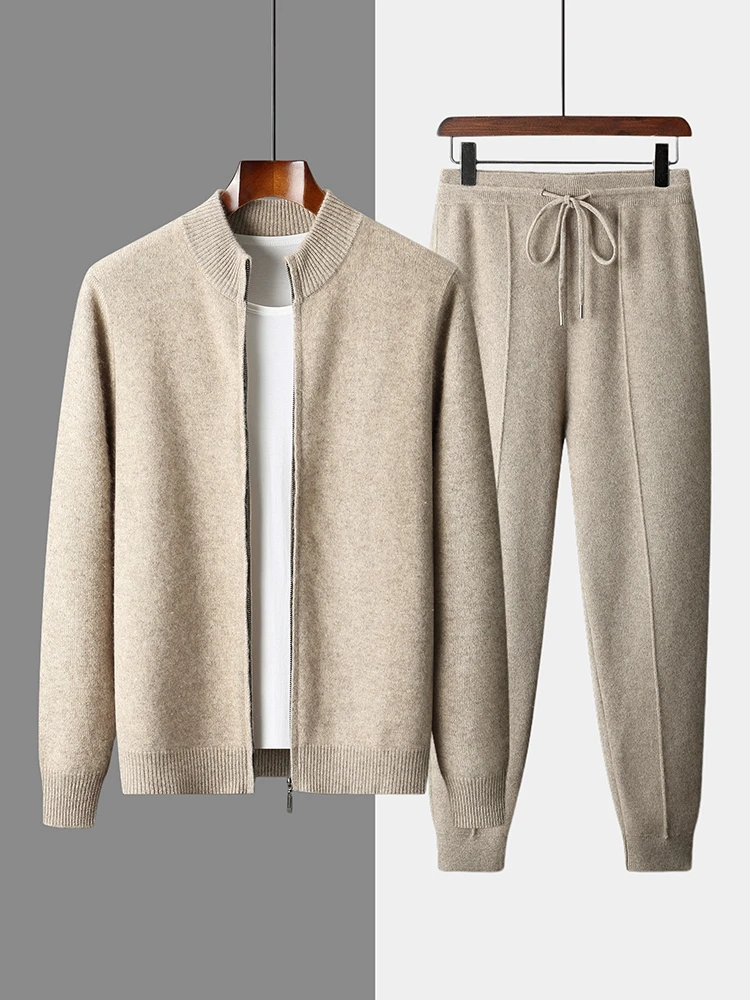 100% Merino Wool Two-piece Men's Knitting Stand Neck Cardigan Autumn Winter Thickened Slim-fit Pants Zipper Sweater Warm Suit