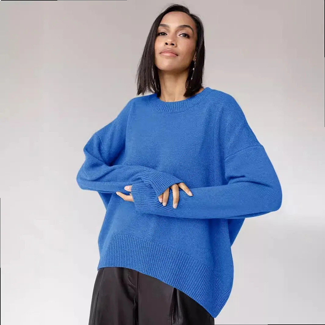 Knitted Sweater Women Round Neck Solid Loose Pullover Spring Summer Casual Tops