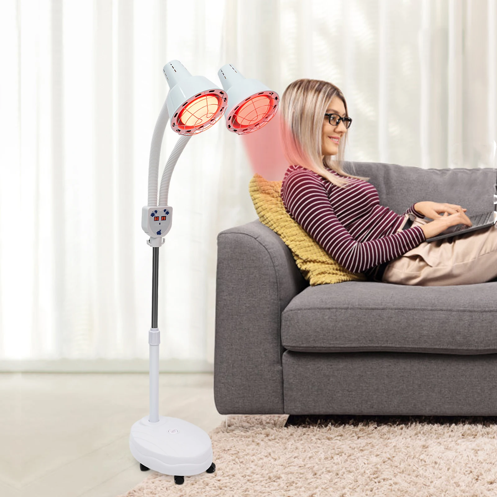 Electric Infrared Baking Lamp 275W Double-head 360° Adjustable Temperature Heat Lamp Remote Control With Rotating Pulley Base