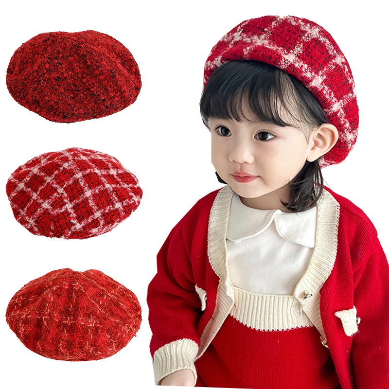 Christmas Baby Hat Autumn Winter Mother Kids Beret Hats for Girls Adjustable Fashion Wool Children Girl Cap Accessories 2-7Y