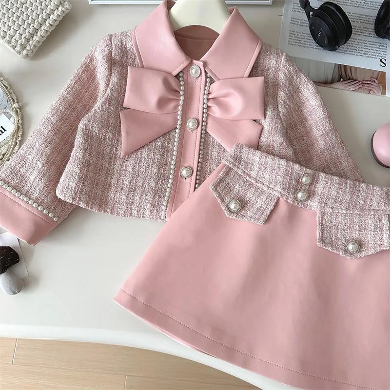 Korean Style Girls Suit Bow Jacket+Leather Pleated Skirt Two Piece Set Princess Children Girls Tweed Sets Outfit