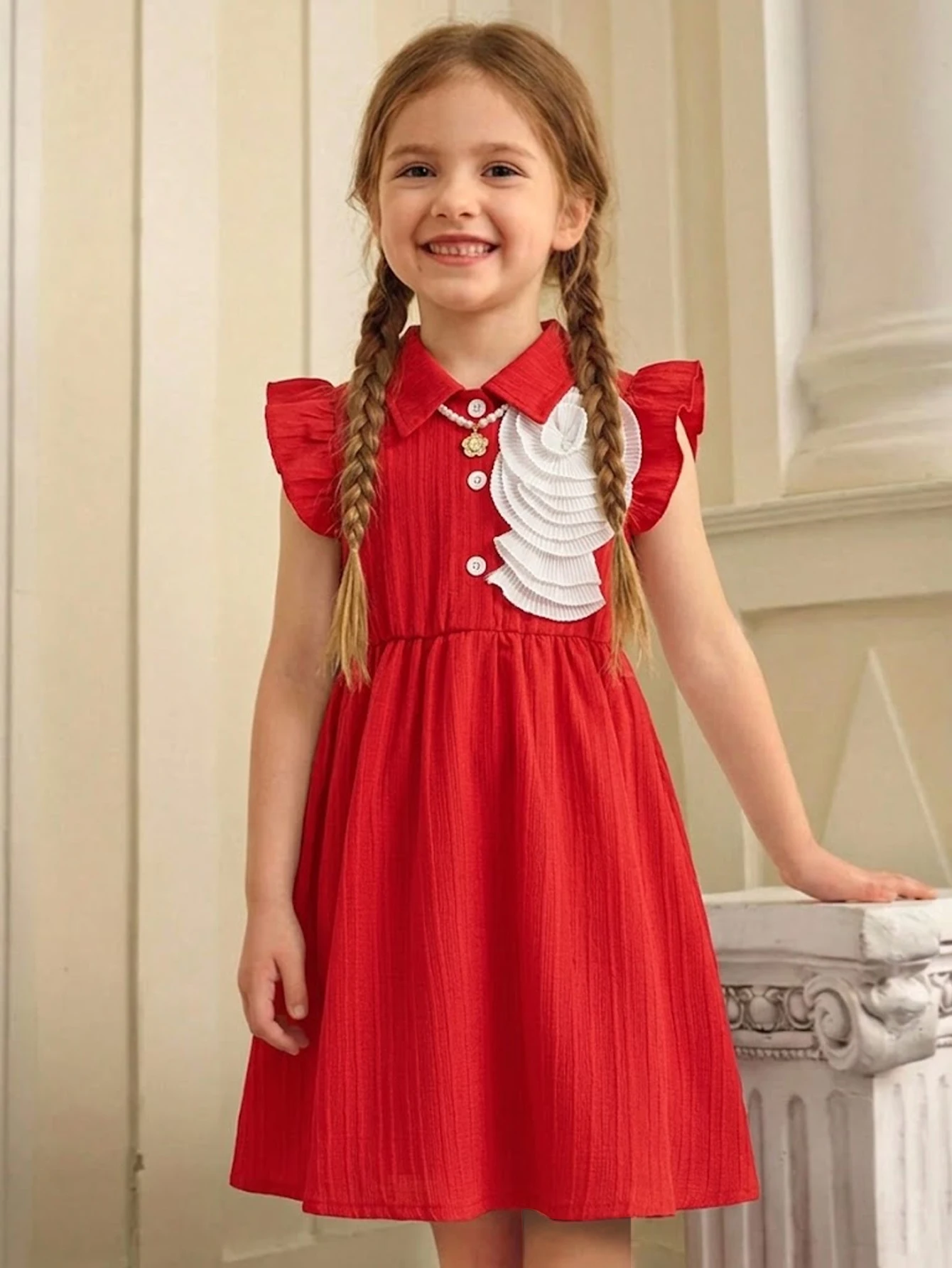 

Sweet and festive red dress for girls, summer collar and small fly sleeves design, flower decoration, half open collar for daily