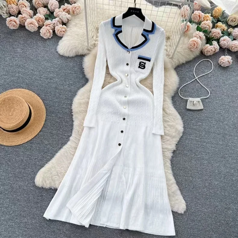 

Fashionable And Elegant Knitted Dress 2026 New Spring Hot Selling Women's Mid-Long Style Lapel Waist Button Design