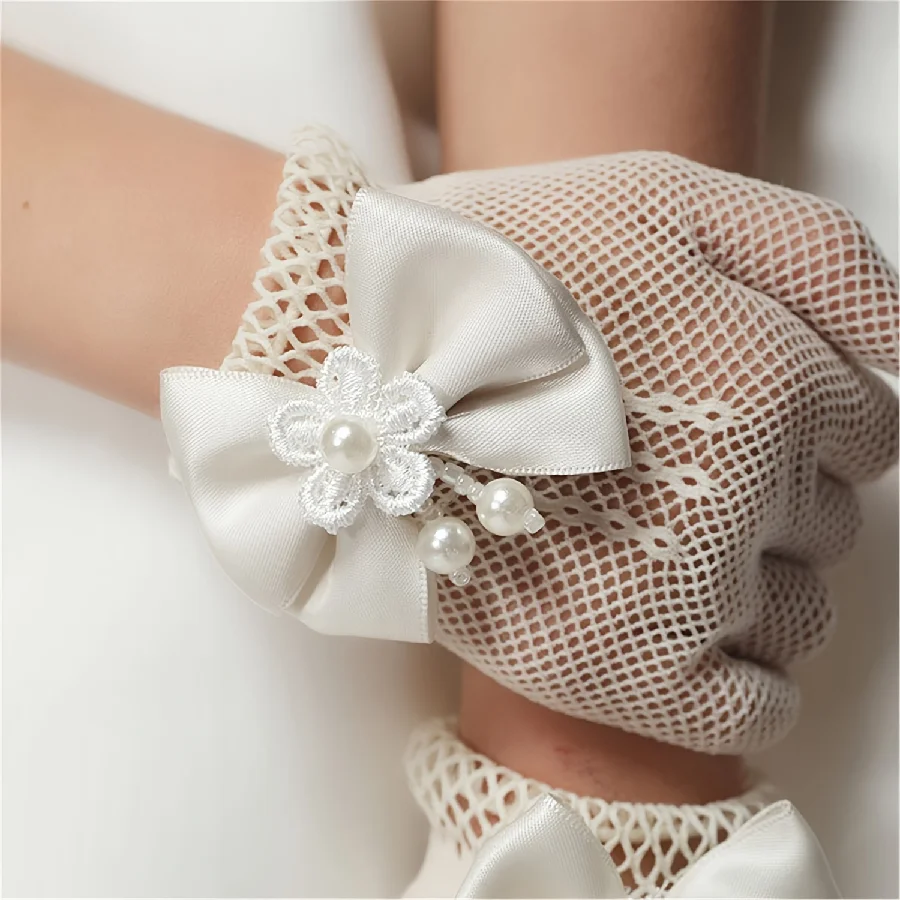 New Children\'s Mesh Bow Lace Pearl Fishing Net Gloves Children\'s Fashion Elegant High Elastic Short Gloves Party Gloves