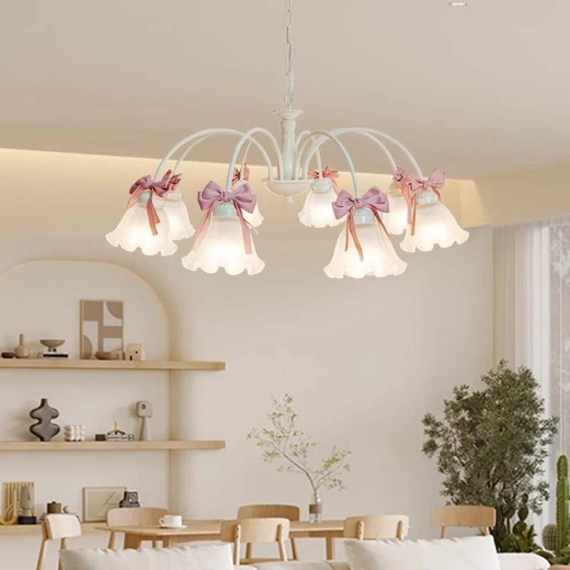 Lustres de chambre de princesse douce, lampes en verre à nœud rose, salon romantique moderne, décor de chambre d\'enfant, lustre chaud pour fille