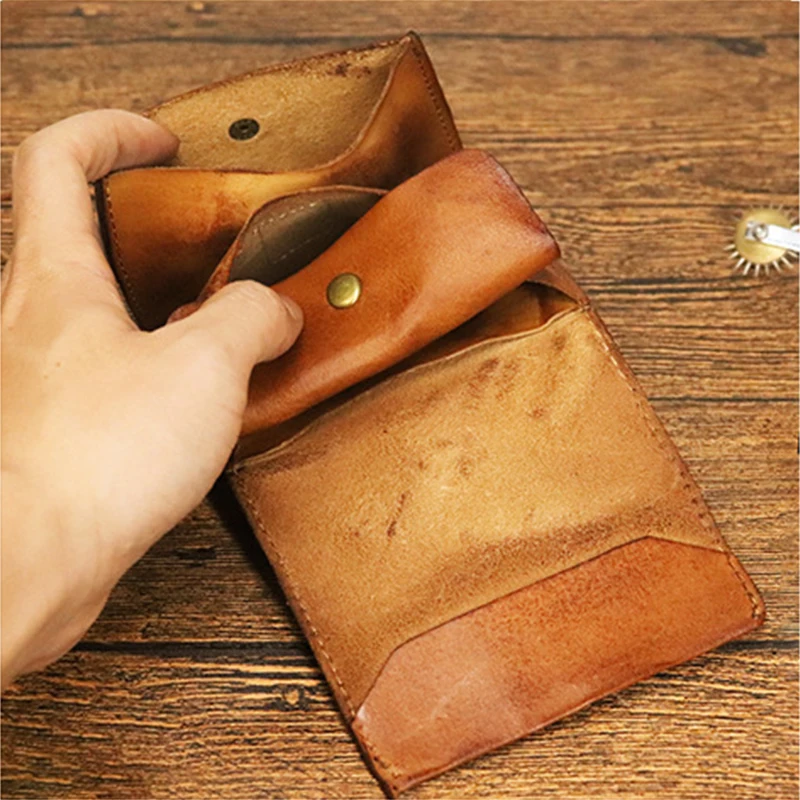 Handmade Genuine Leather Men Card Holder Small Wallets with Hasp Coin Pocket 2023 Vintage Drawstring Design Short Wallet for Men