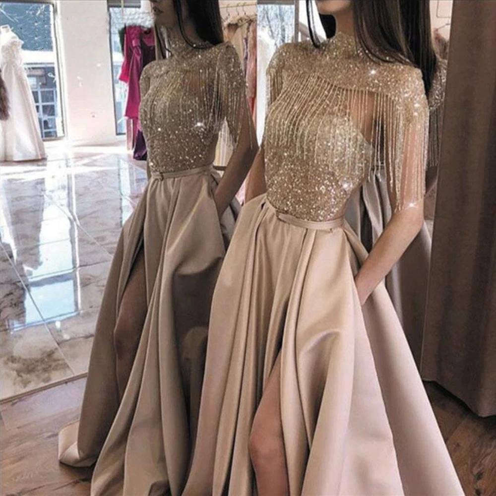 

Exquisite Prom Dresses Long A-line Sequins With Pockets Side Split Robe De Bal High Neck Waistbelt Vestido De Graduación