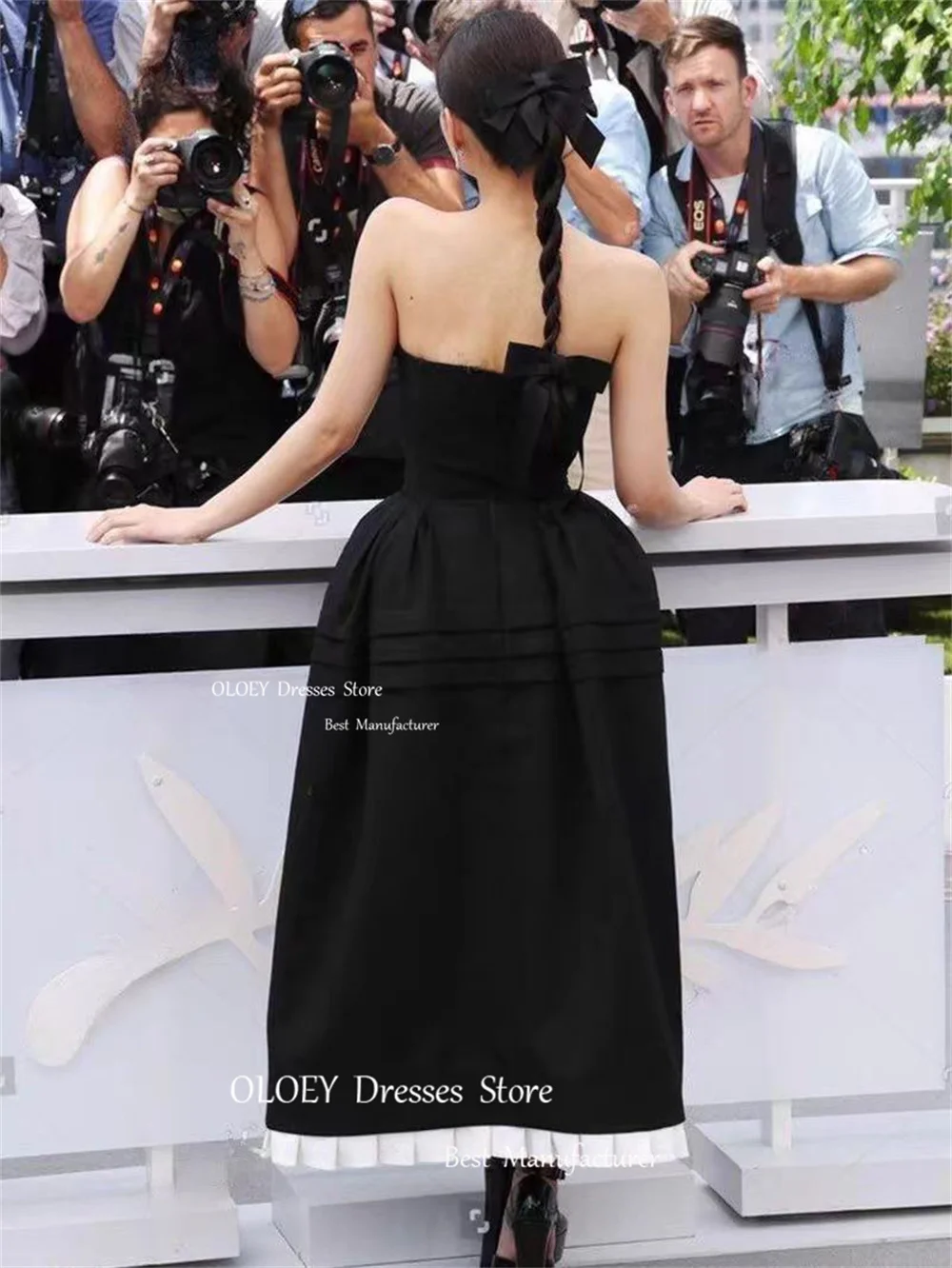 OLOEY Elegant Black Strapless Evening Dresses Korea Prom Dress Pleated Satin Bow Wedding Party Gowns Ankle Length A-Line Custom