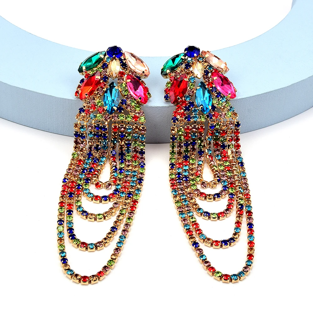 Bohemian Colorful Rhinestone Long Tassel Earrings Women's Earrings Party Fashion Statement Luxury Jewelry Accessories