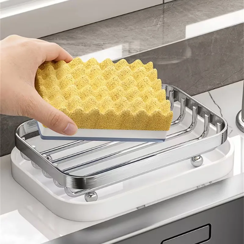 Stainless Steel Soap Dish with PP Drain Tray Draining Soap Holder Desktop Scrubber Brush Storage Organizer for Bathroom Kitchen view 3