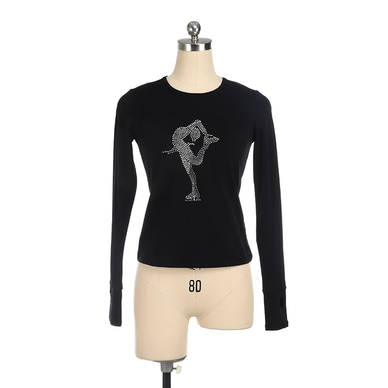 

customized children's adults' figure skating training clothes top cover T-shirt with velvet black white rose red purple diamonds