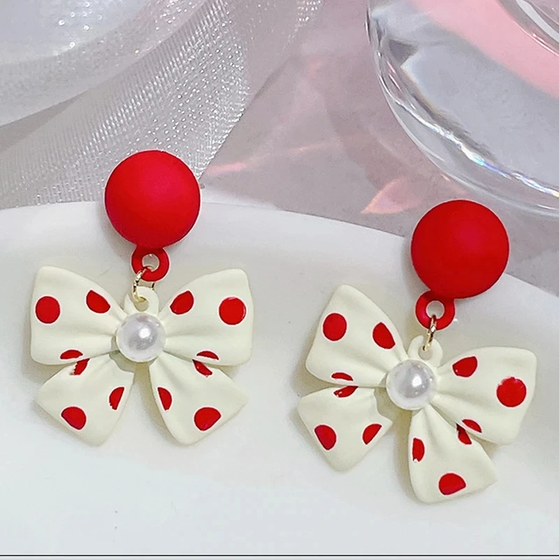 Cute Pearl Bowknot Drop Earrings for Women Red Round Dangle Earrings Wedding Party Wave Point Print Sweet Jewelry Pendientes
