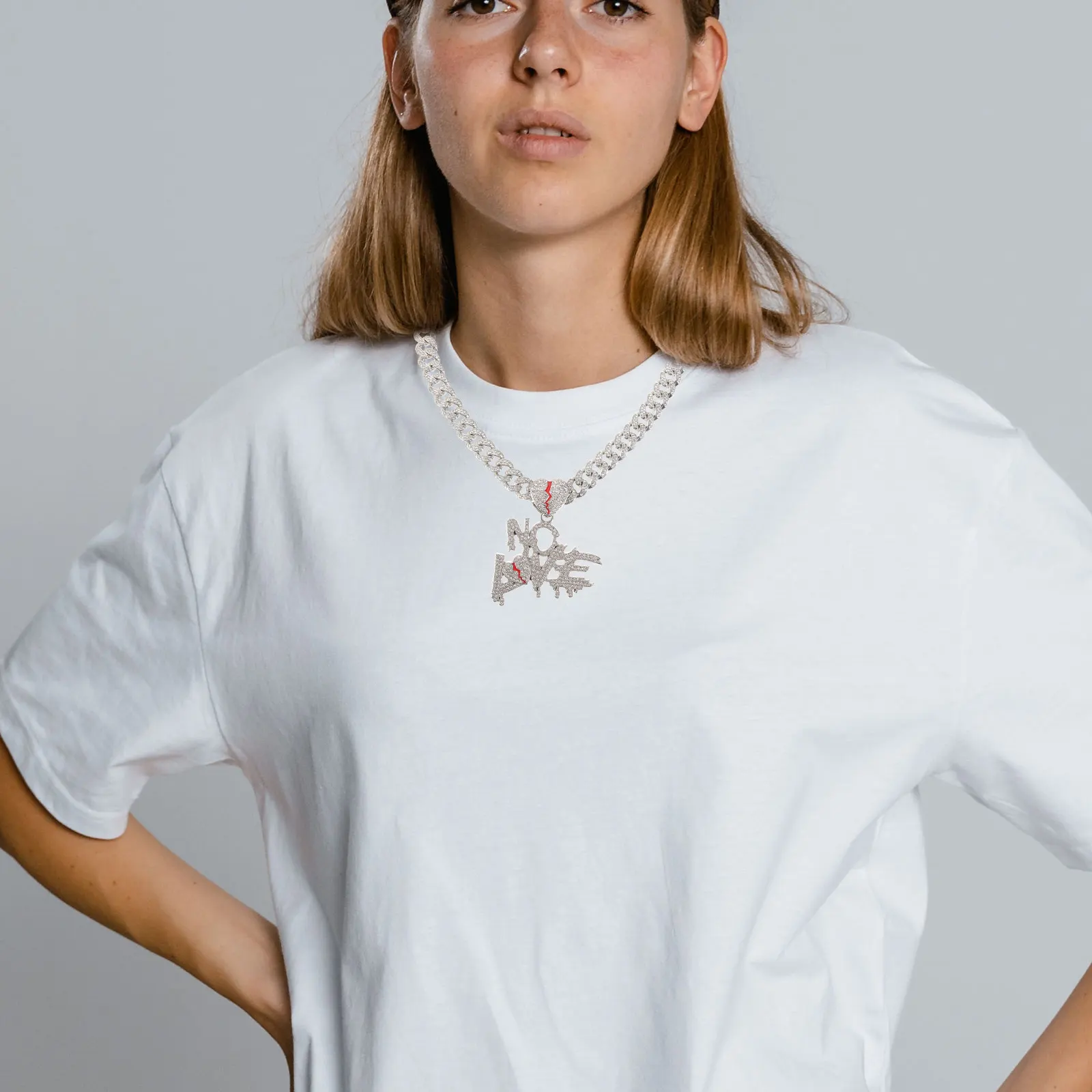 

Heart Necklace Letter Pendant Hip Hop Rhinestone Silver Color 50cm Cuban Chain Bar Necklaces Women