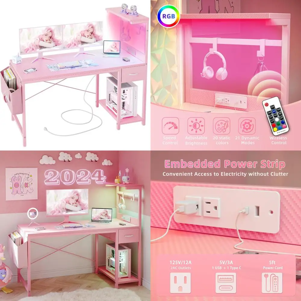 

47-дюймовый игровой стол со светодиодной подсветкой и розеткой, двусторонними полками, ящиком для хранения небольших столов для ПК