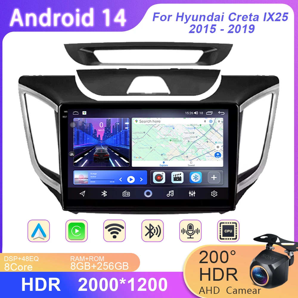 

For Hyundai Creta IX25 2015 - 2019 Android 14 Car Radio Navigation GPS Multimedia Player Stereo WiFi+4G Carplay Auto BT DSP