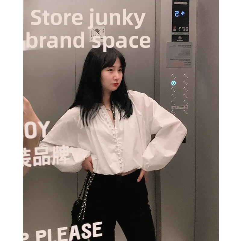 

Белый фонарь Све irt V-ne Женский топ на пуговицах в стиле ретро из смеси хлопка и полиэстера, свободный крой для весны