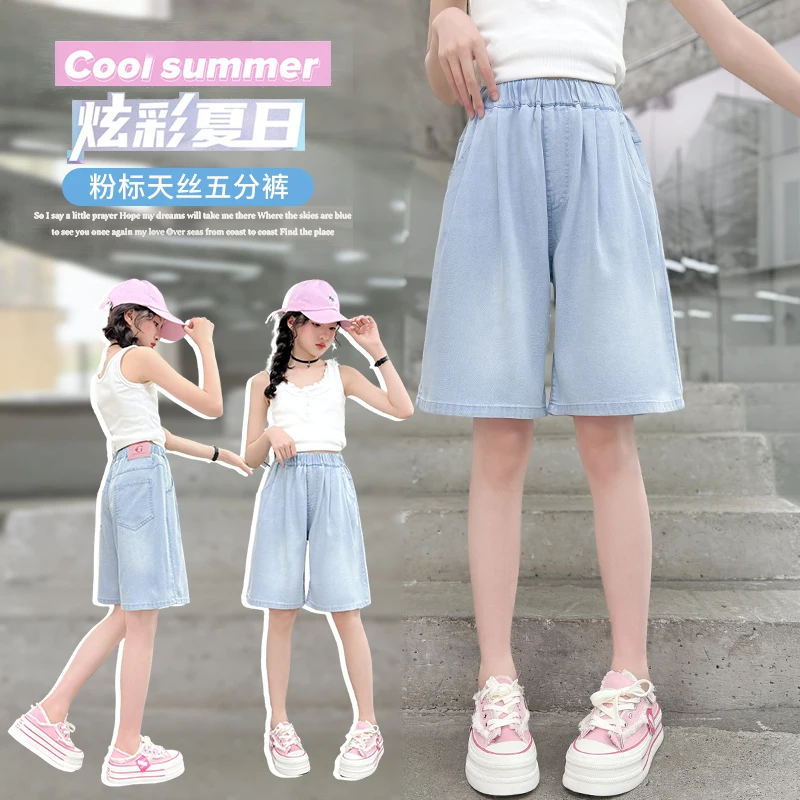 Summer Children Denim Shorts with Pink Lable for Tween Girl Casual Knee Length Jeans Kids Denim Short Pants Thin Cool Trousers
