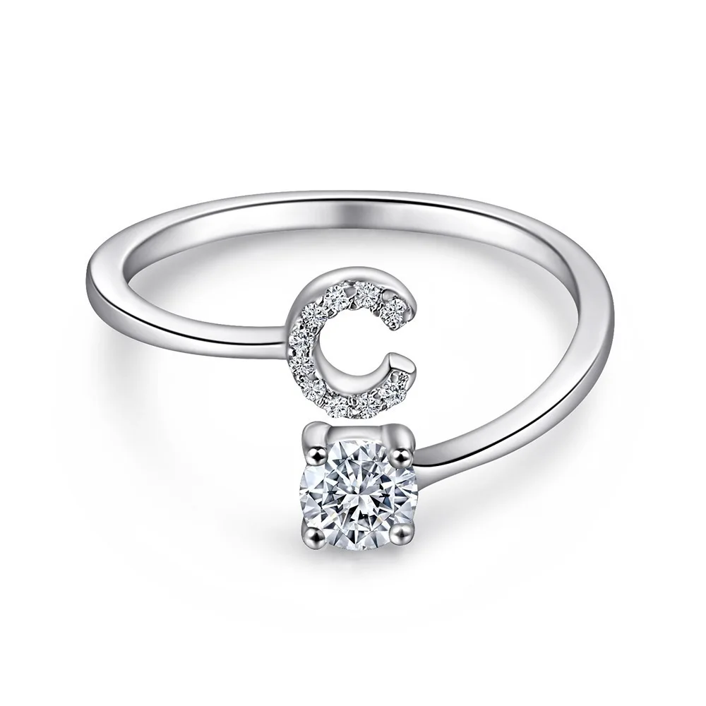 Women's Adjustable Initial Ring with Cubic Zirconia, Stackable Gift
