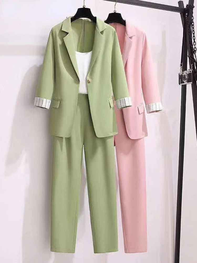 2023 spring new plus size Korean elegant women's suit female blazer leisure pants Tweed suit jacket three piece jacket pants set