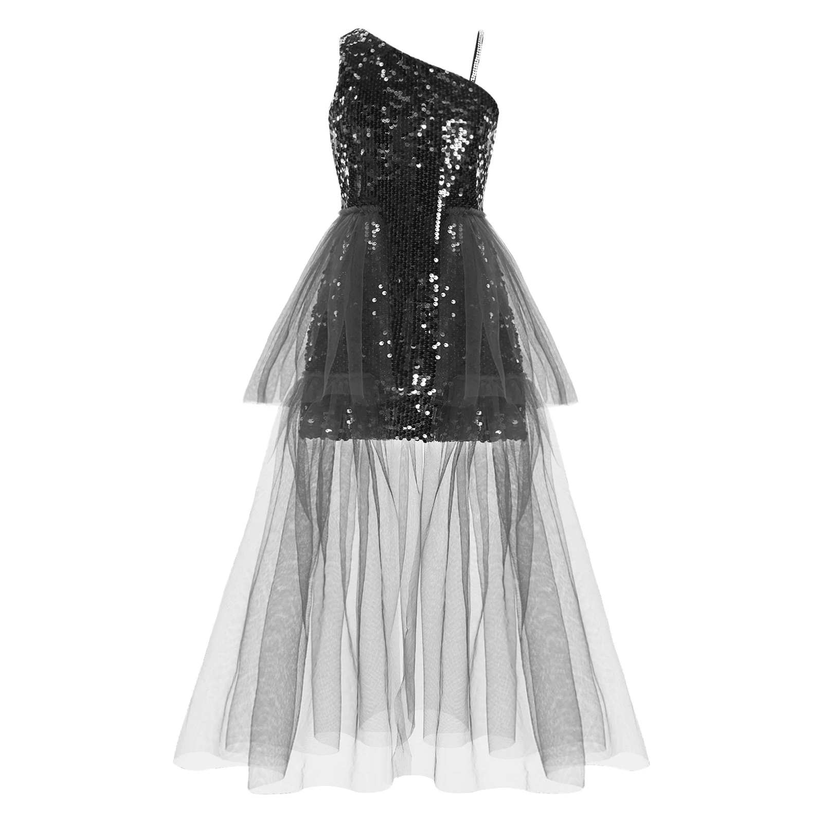 Children Sequins Dress for Girls One Shoulder Mesh Princess Pageant  Dress Costume Flower Girl Dresses Wedding Party Prom Gown