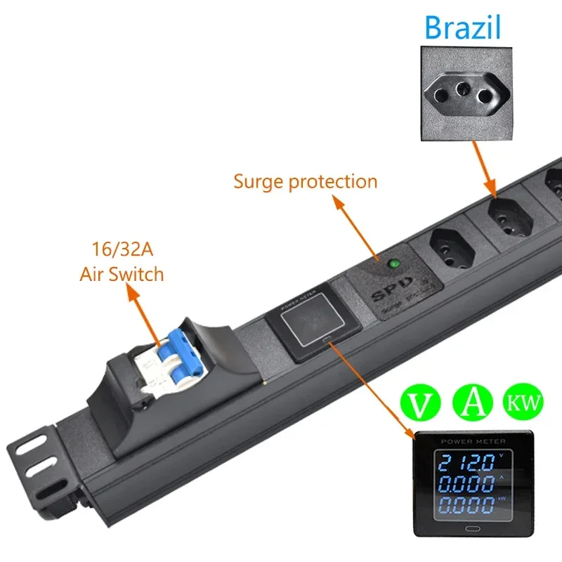 Бразильский удлинитель, цифровой амперметр, вольтметр, амперметр, защита от перенапряжения, 10А, бразильская розетка, крепление на стойку для шкафа