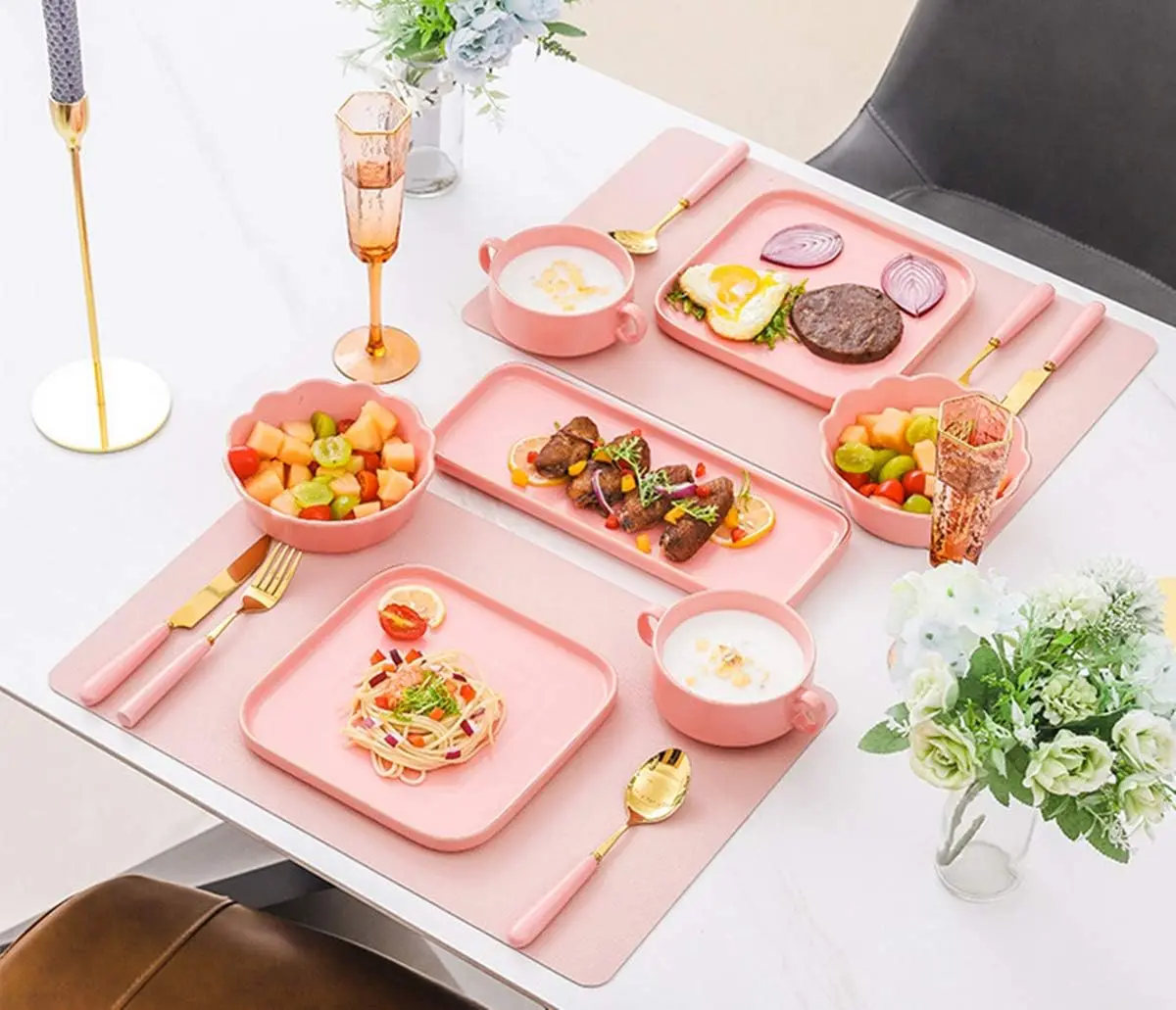 

1/6/10PCS Pink Placemats PU Square Gift Table Mats Pads Waterproof Heat-Resistant Easy to Clean for Dining Kitchen Table Decor