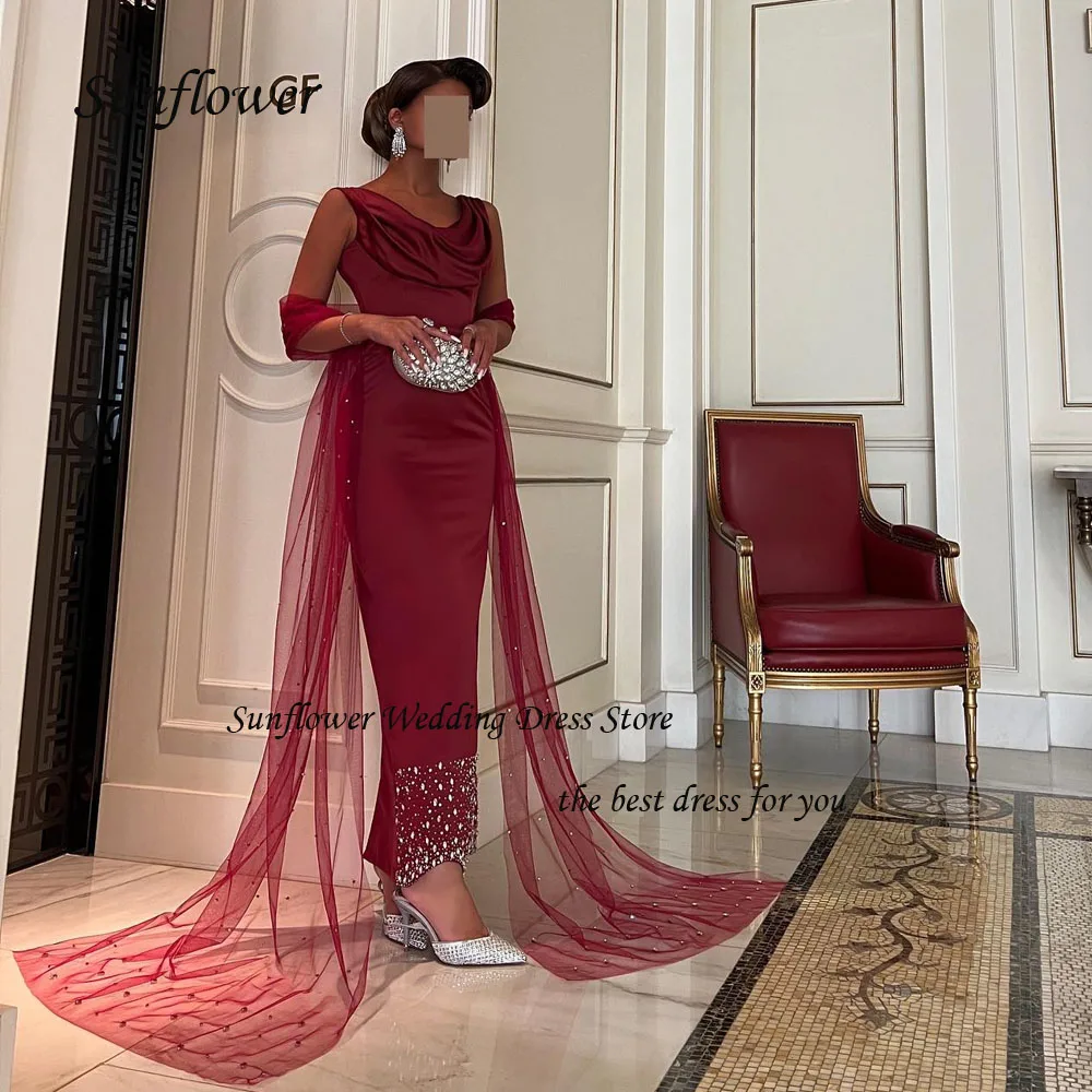 

Sunflower Wine Red O-Neck Formal Evening Dress 2023 Slim Beading Appliques Satin Mermaid Prom dress Ankle-Length Party Dress