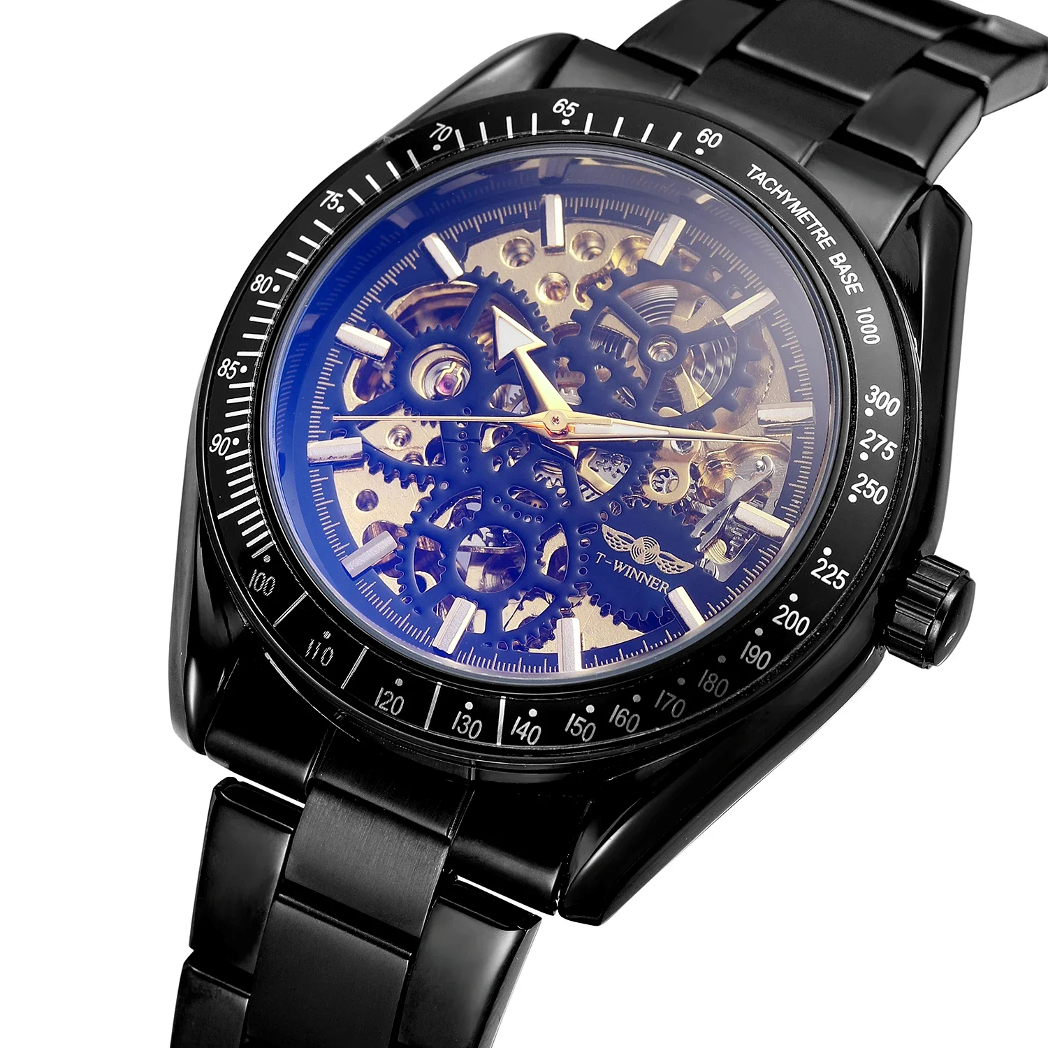 T-winner Casual minimalist Wind strip nail Gear half-hollow mechanical Watch Black Round watch Black belt Watch