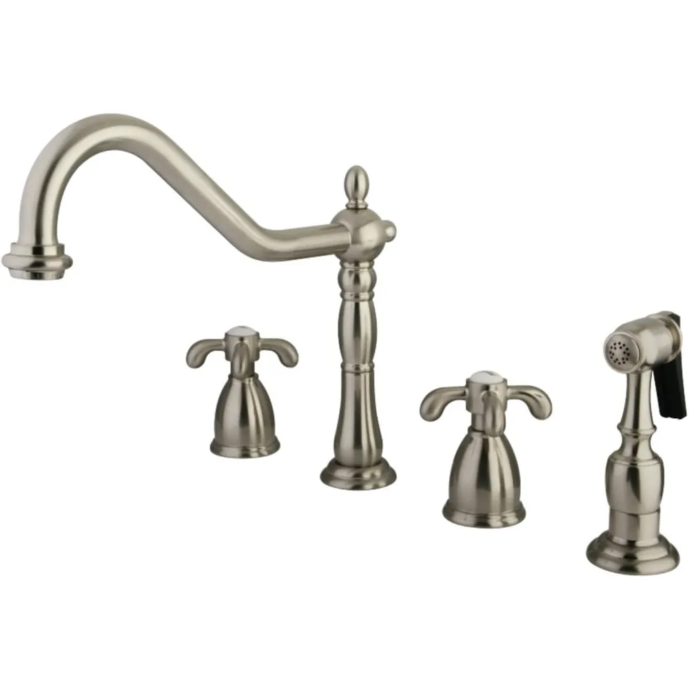 

French Country Style Widespread Kitchen Faucet with Brass Sprayer in Brushed Nickel Finish by Kingston Brass KB1798TXBS