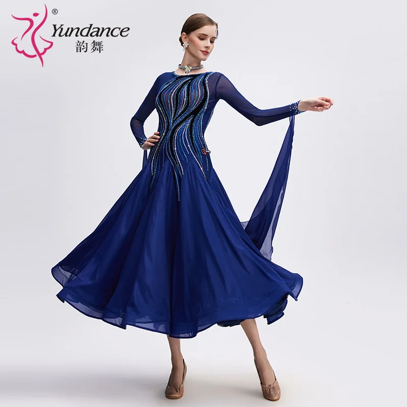 B-24143-2 Nieuwe kleur Hot Sale Internationale standaard ballroomdansjurk Hoge kwaliteit marineblauwe chiffon lange stijldansjurk