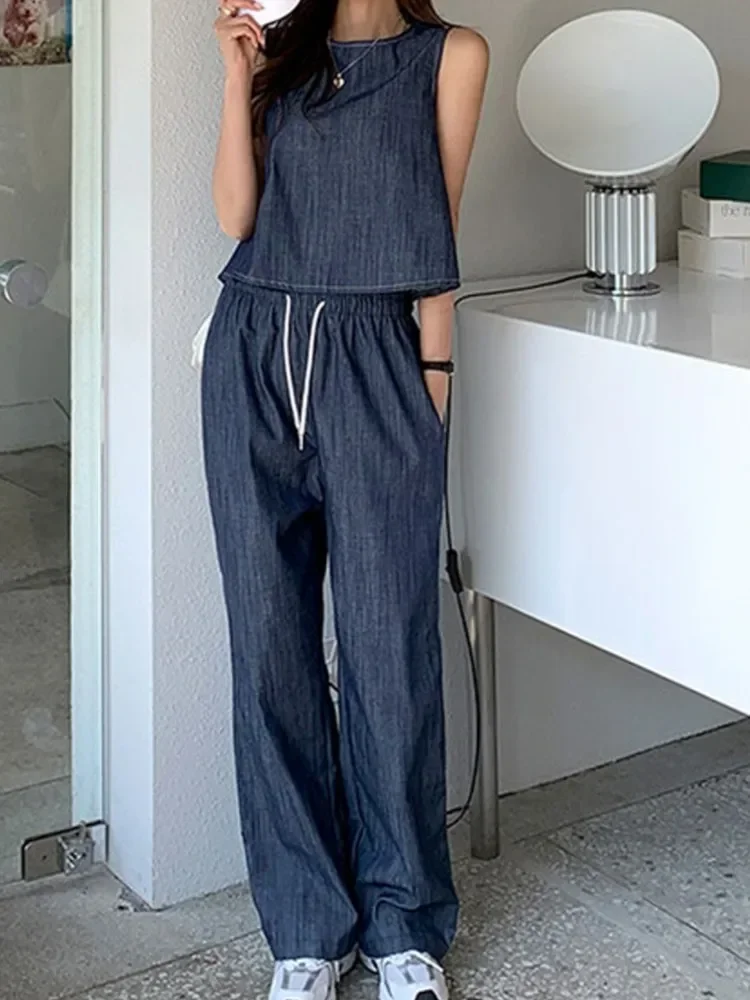 Summer Two 2-częściowe zestawy Denim Halter Tank Vest LadiesTops Women Loose Casual Chic Slim Jeanswear Straight Mujer Pants Suits