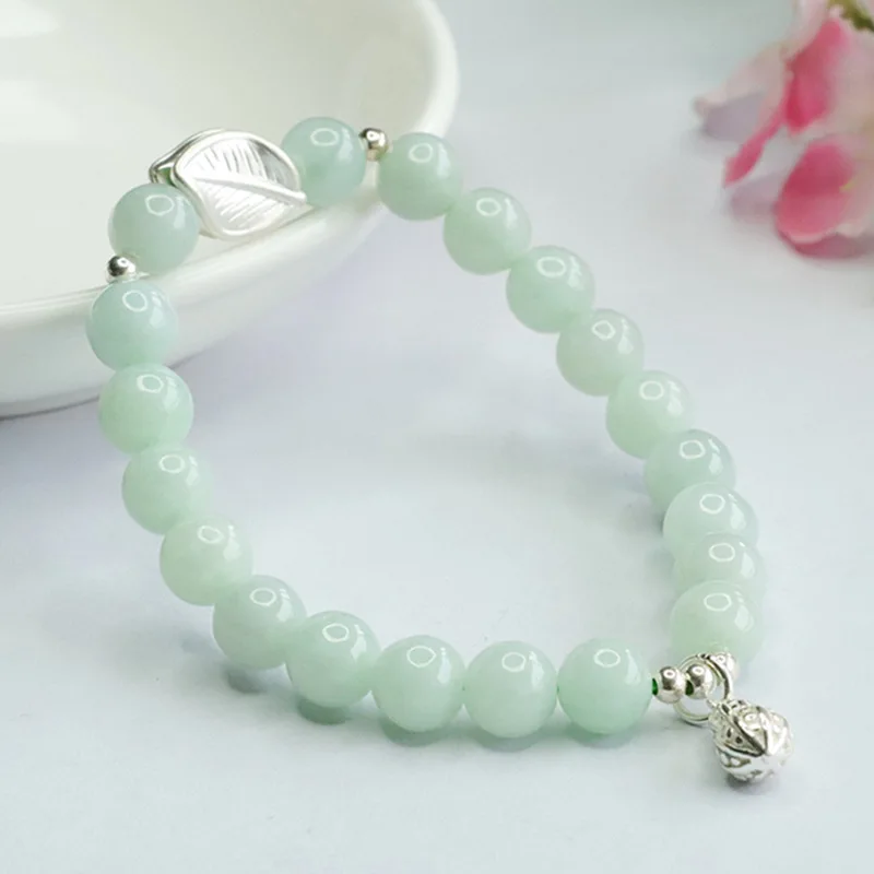 Natural Myanmar A Jade Bracelet S925 Silver Peanut Leaf Bracelet
