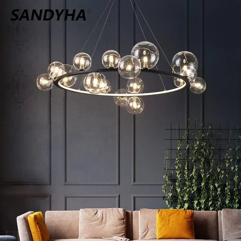 

SANDYHA Nordic Ring Magic Bean Pendant Lights Glass Ball Lampshade Simple for Living Room Bedroom Home Decor Kitchen Chandelier