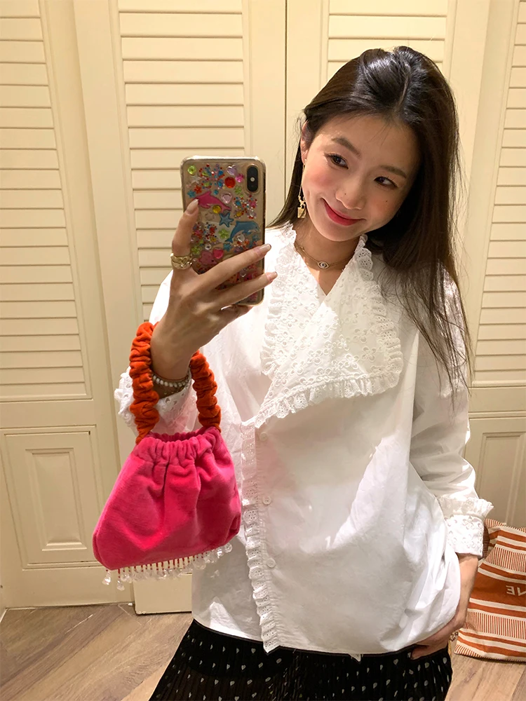 

2025 New White Long Sve irt Design Sensation Small ence Top Cotton Pure French Sle Straight Tube Hollow out Women'...