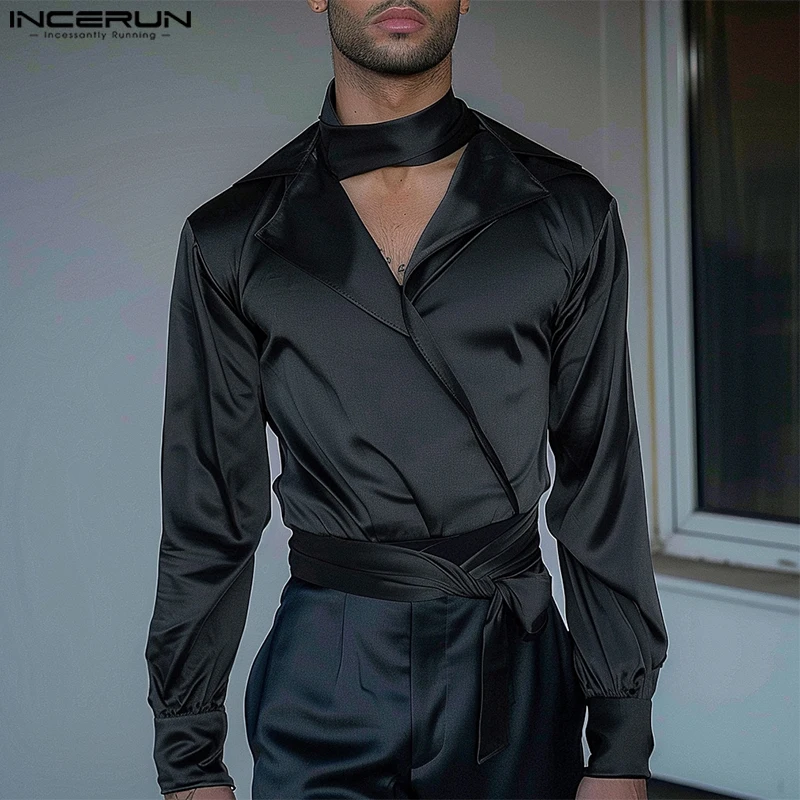 INCERUN New Men\'s Clothing Fashionable Personality Satin Design Shirt Male Clubwear Solid Comfortable V-neck Long Sleeved Blouse