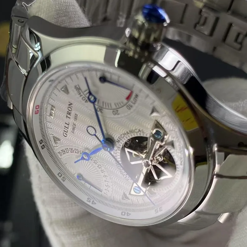 ساعة رجالية ميكانيكية أوتوماتيكية بحزام فولاذي للأعمال متعددة الوظائف وتقويم الاستقرار في الغلاف الجوي وعرض الطاقة الحركية