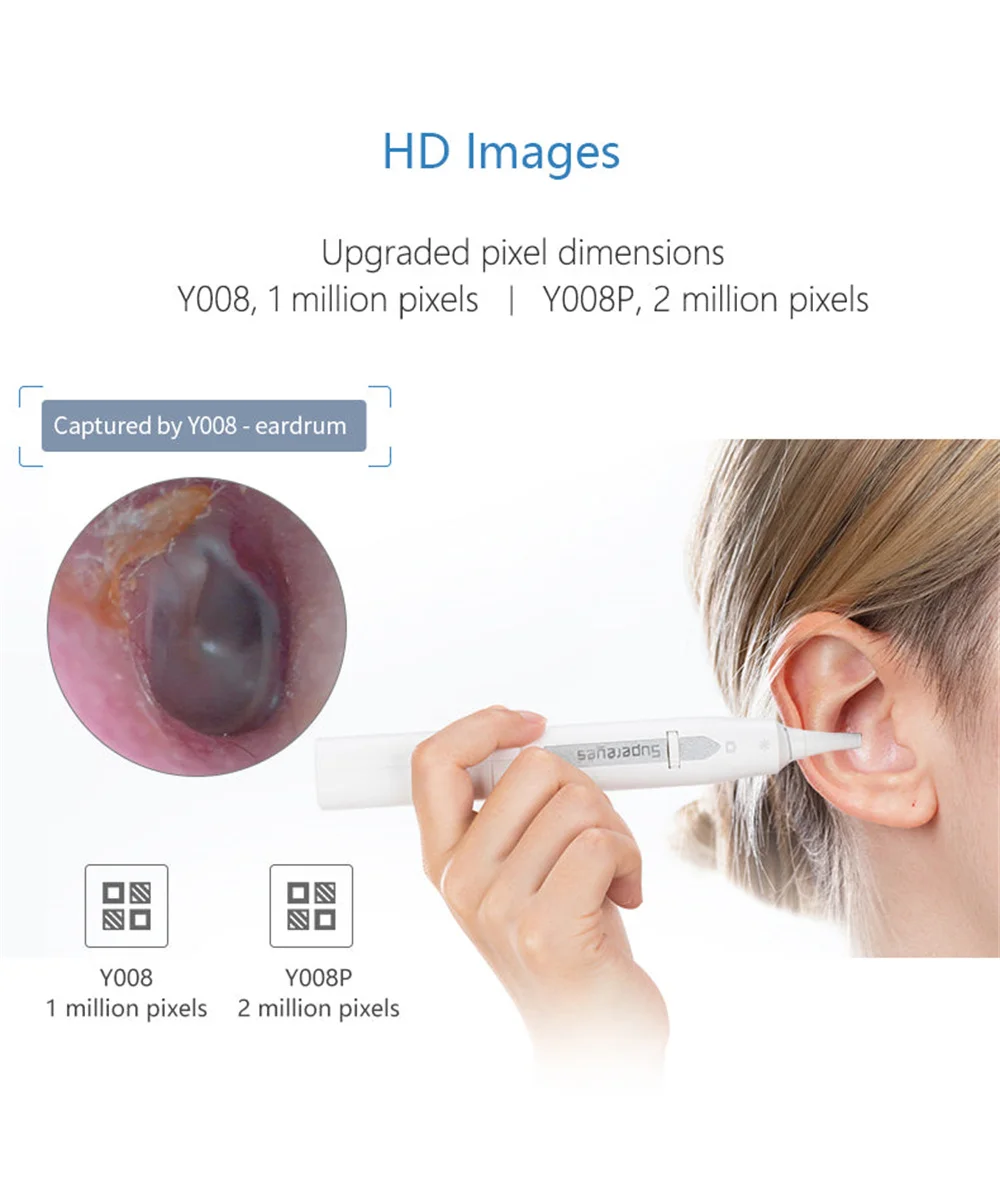 Supereyes Y008 2MP 1080P 1-500X WIFI Visual Ear Pick Endoscope Otoscope Earscope Cleaner Digital Microscope For Hair Nose Skin