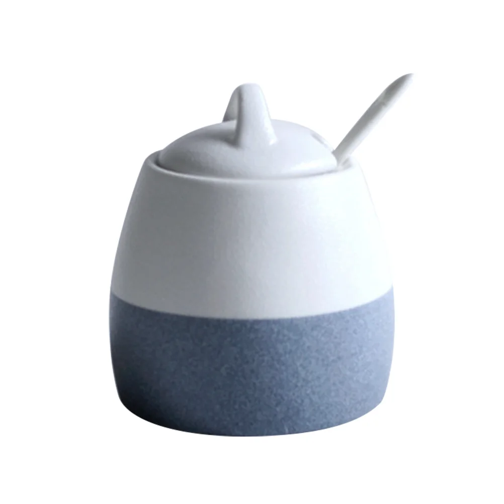 

1Pcs Ceramic Seasoning Jar Japanese Style White Blue Base Lid Spoon for Kitchen Pepper Chili Salt Powder Storage Pot Home