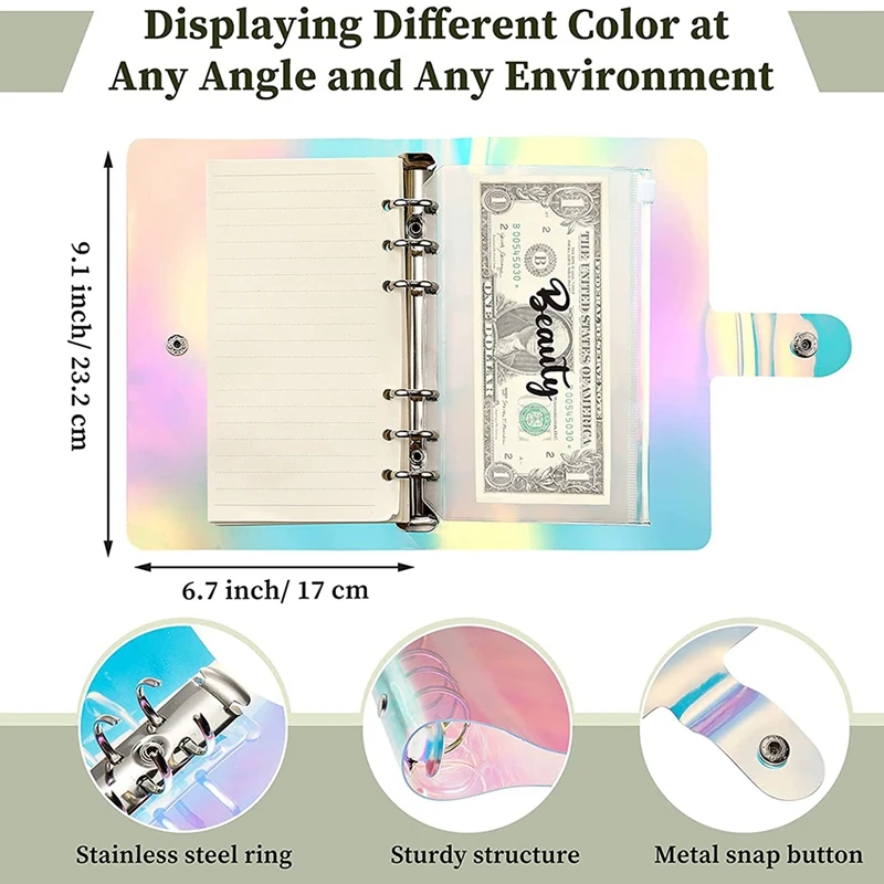 A6 Budget Planner Binder Organizer Soft PVC Notebook Binder Cover With 12 Pieces Binder Pockets (Rainbow Style)