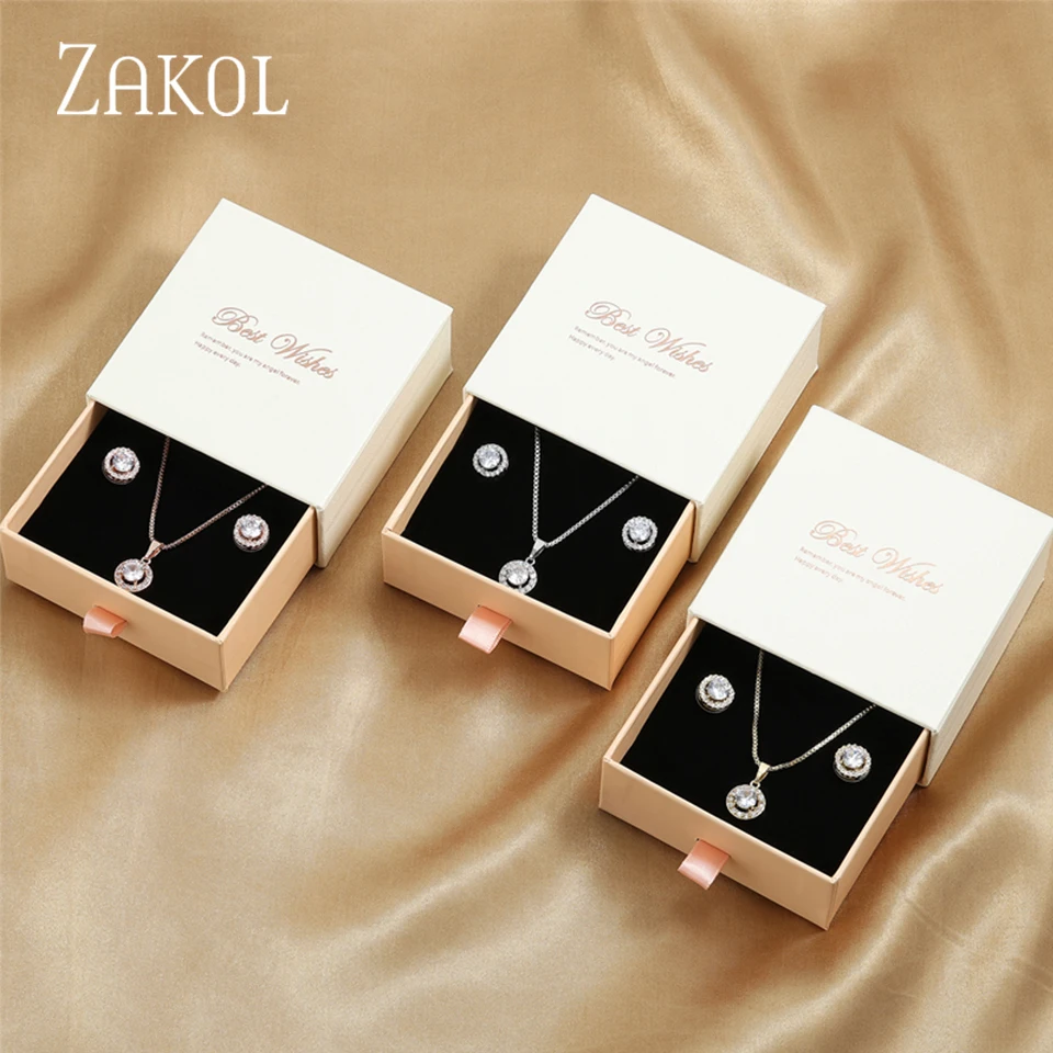 ZAKOL Fashion Cute Clear Round AAA Zircon Earrings Necklace Set Charm Jewelry Set Gift With Packaging Box