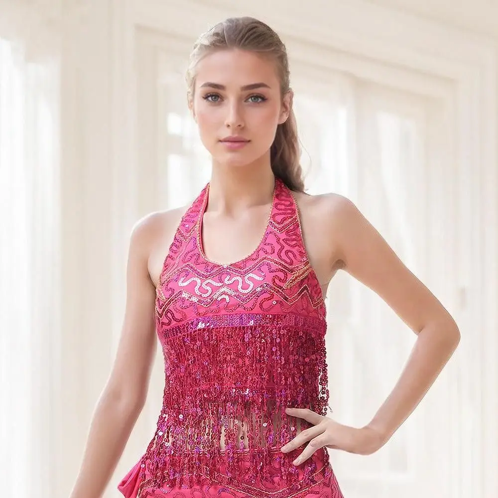 Bezauberndes Glänzendes Bauchtanz-BH-Top mit Neckholder und Quasten, Ärmelloses Lateintanz-Oberteil für Bühnenauftritte