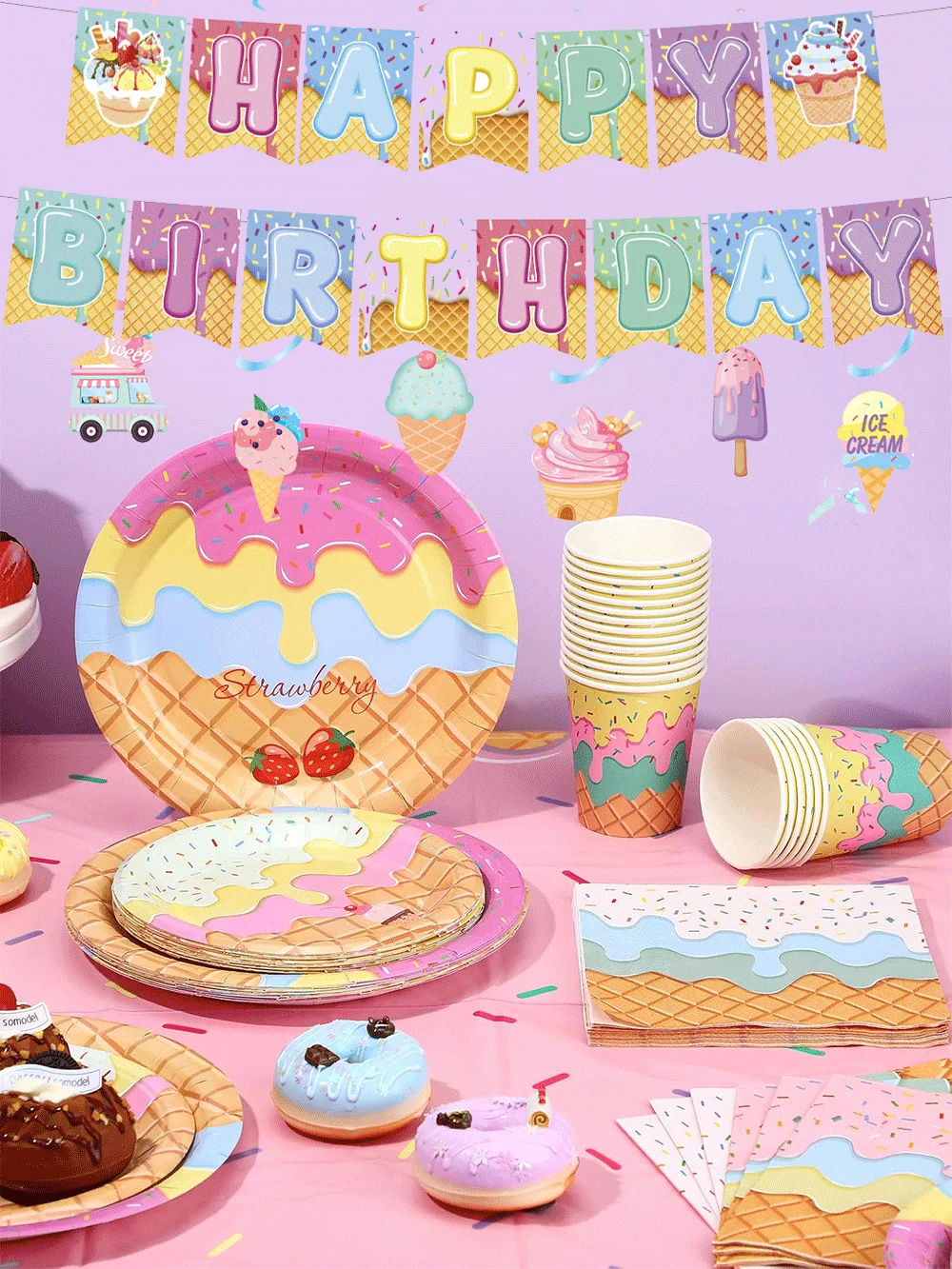 Décor de fête de crème glacée, nappe, assiette de serviette, ballon sur pied, fournitures de fête d'anniversaire d'été, neige glacée douce