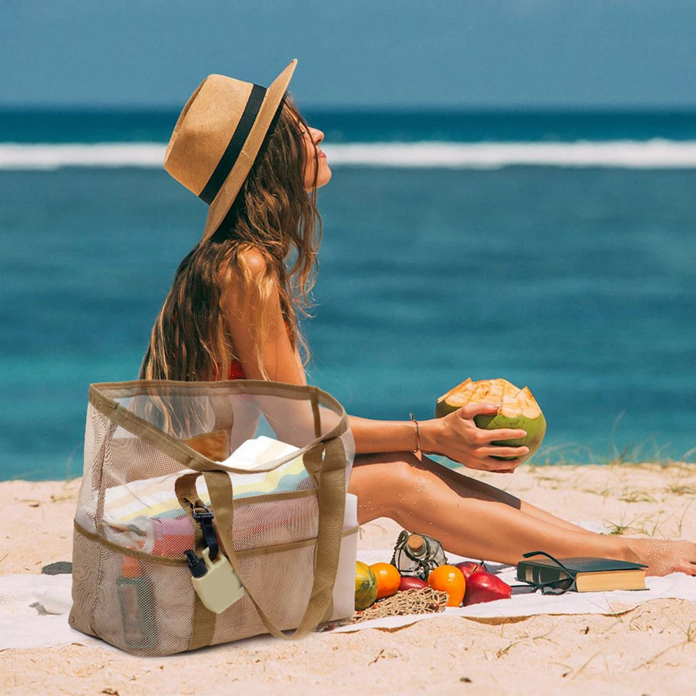 Large Capacity Canvas Beach Bag Versatile Commuting Shopping Shoulder Bag Lightweight SemiTransparent Mesh Hollow Bag