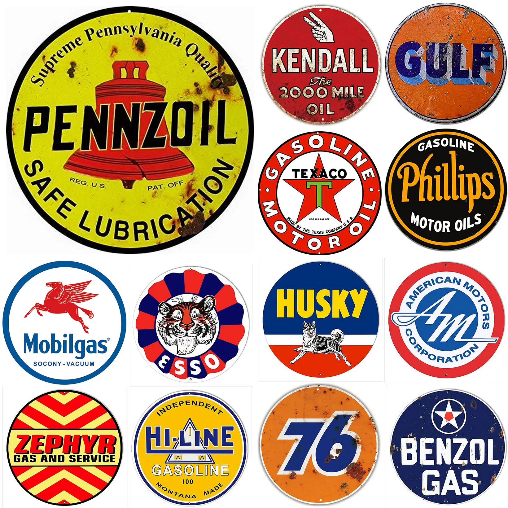 Metal Tin Signs Pennzoil Gas Station and Motor Oil Poster Reproduction Aged Vintage Round Nostalgic Home Decor for Culb Bar Cafe