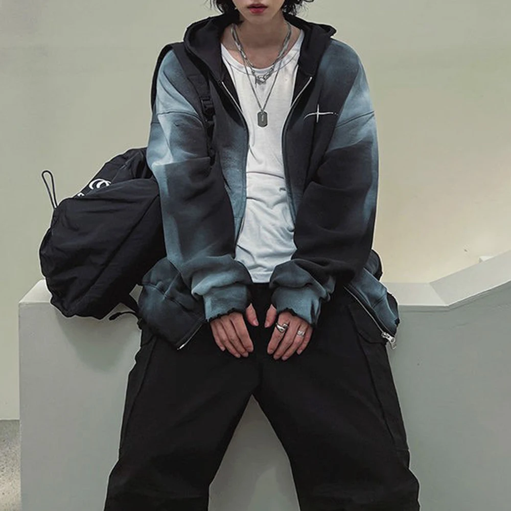 Fashion Gradient Tie-Dye Hooded Sweatshirt Men'S 2025 Spring Autumn Loose Double Zipper Top Korean Trendy Mens Cardigan Jacket